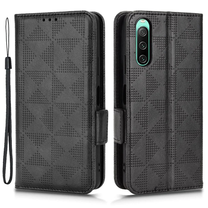 For Sony Xperia 10 V PU Leather Wallet Case Imprinted Triangle Phone Cover with Stand - Black - 1