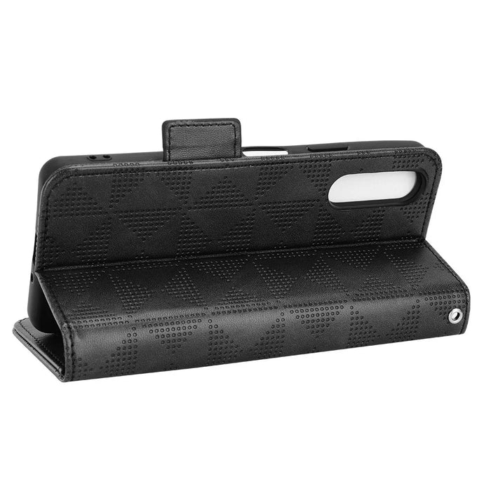 For Sony Xperia 10 V PU Leather Wallet Case Imprinted Triangle Phone Cover with Stand - Black - 3