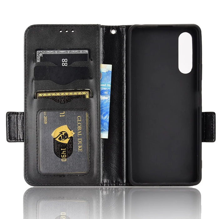 For Sony Xperia 10 V PU Leather Wallet Case Imprinted Triangle Phone Cover with Stand - Black - 4