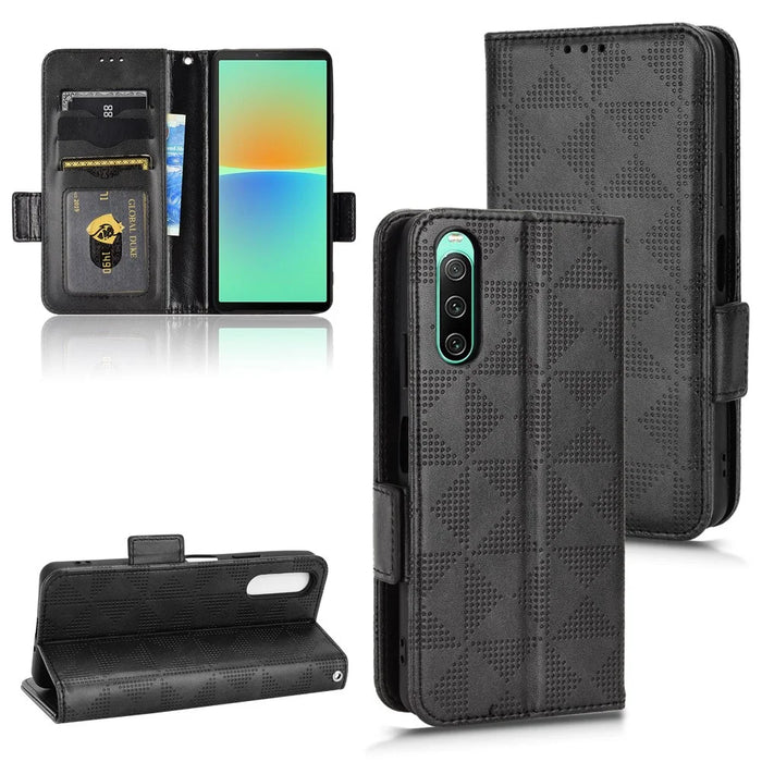 For Sony Xperia 10 V PU Leather Wallet Case Imprinted Triangle Phone Cover with Stand - Black - 7