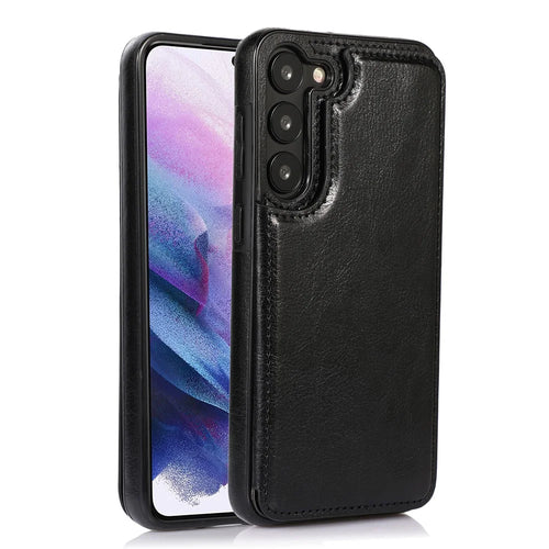 For Samsung Galaxy S23 PU Leather Coated TPU Phone Case Dual Buttons Card Holder Kickstand Cover - Black - 1
