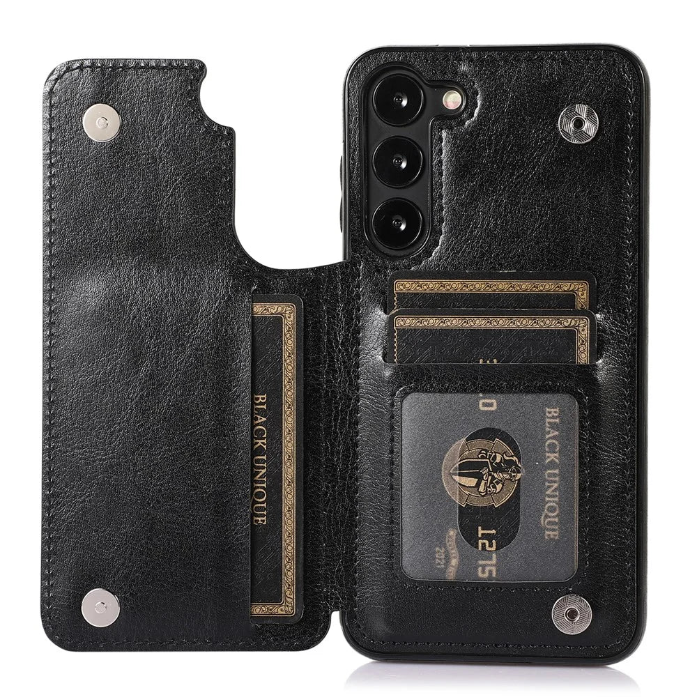 For Samsung Galaxy S23 PU Leather Coated TPU Phone Case Dual Buttons Card Holder Kickstand Cover - Black - 2