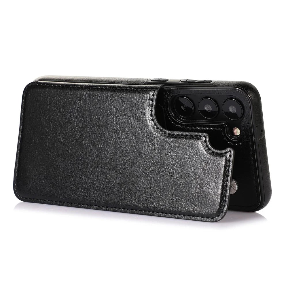 For Samsung Galaxy S23 PU Leather Coated TPU Phone Case Dual Buttons Card Holder Kickstand Cover - Black - 3