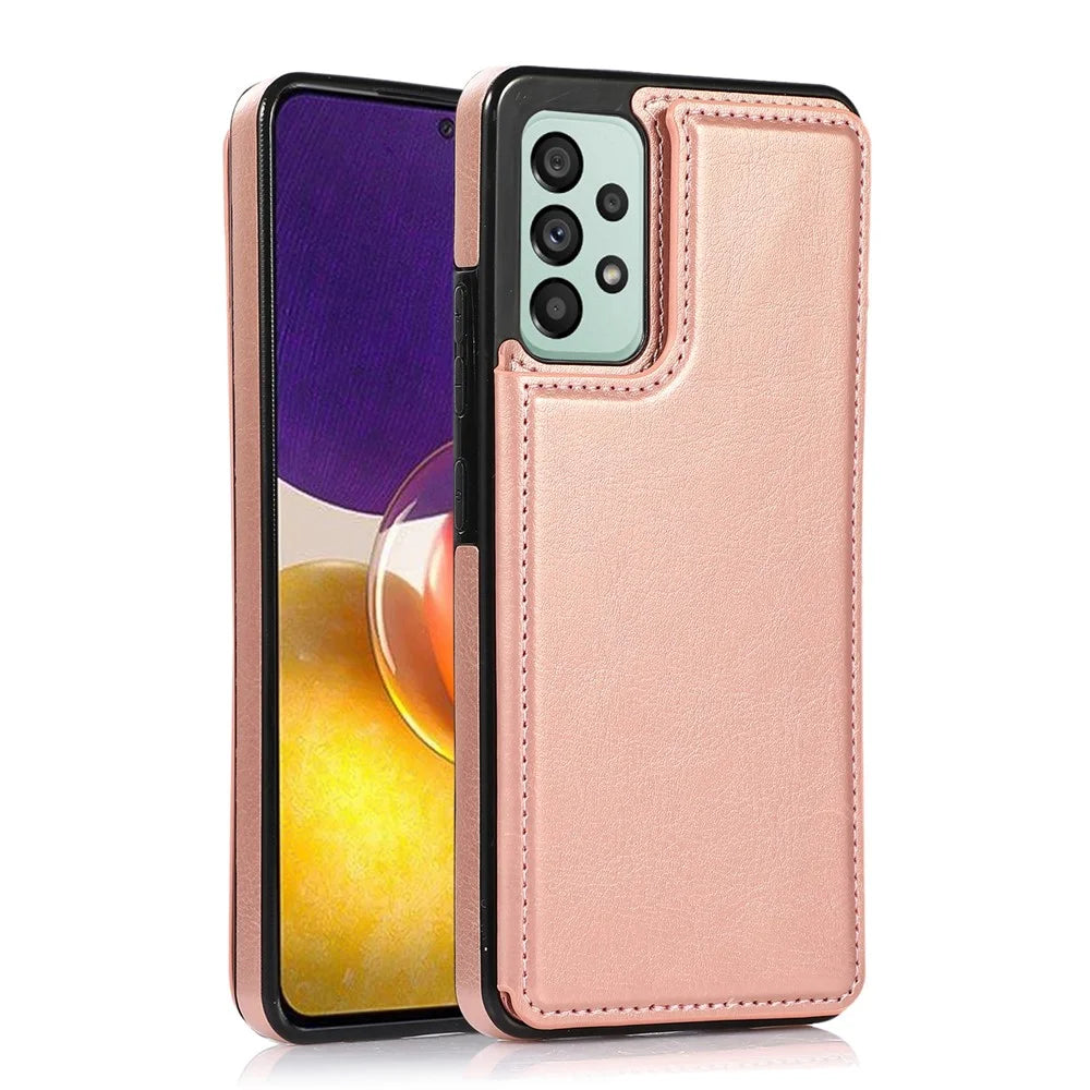 For Samsung Galaxy A33 5G Dual Buttons Kickstand Card Holder Cover PU Leather Coated TPU Phone Case - Rose Gold - 1