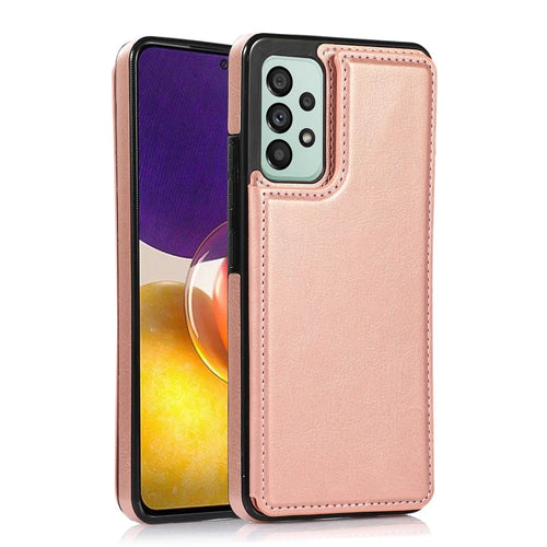 For Samsung Galaxy A33 5G Dual Buttons Kickstand Card Holder Cover PU Leather Coated TPU Phone Case - Rose Gold - 1