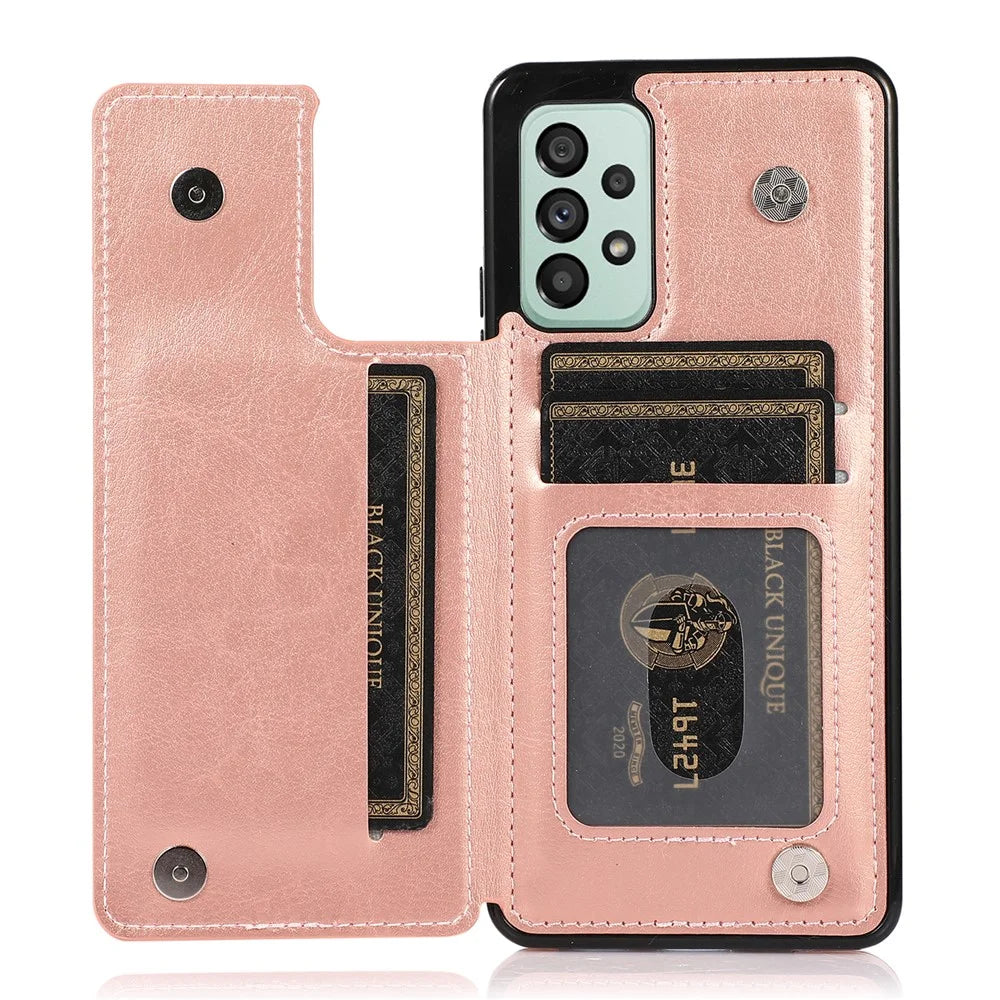 For Samsung Galaxy A33 5G Dual Buttons Kickstand Card Holder Cover PU Leather Coated TPU Phone Case - Rose Gold - 2