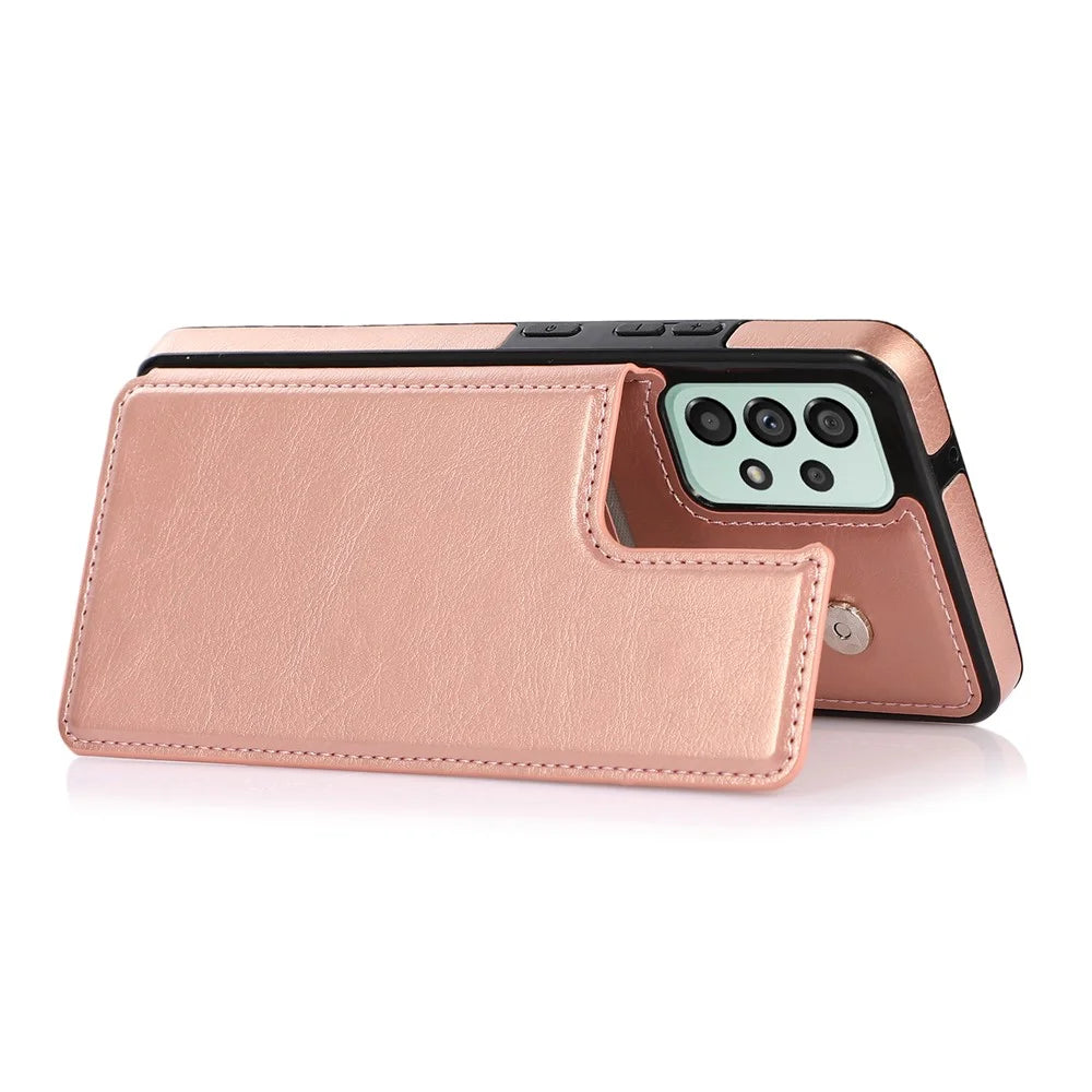 For Samsung Galaxy A33 5G Dual Buttons Kickstand Card Holder Cover PU Leather Coated TPU Phone Case - Rose Gold - 3