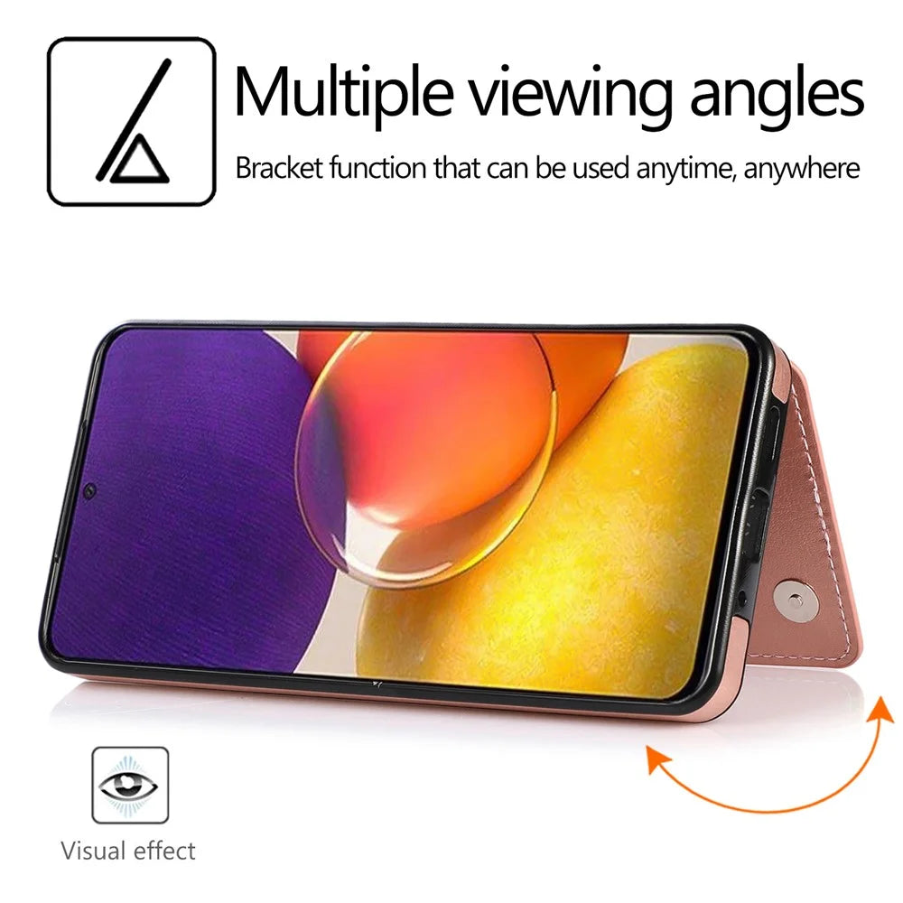 For Samsung Galaxy A33 5G Dual Buttons Kickstand Card Holder Cover PU Leather Coated TPU Phone Case - Rose Gold - 4