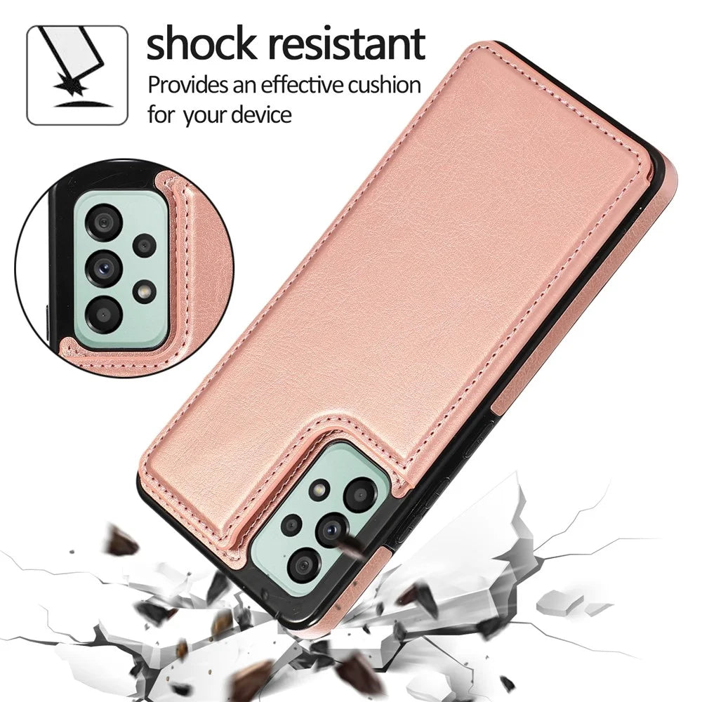 For Samsung Galaxy A33 5G Dual Buttons Kickstand Card Holder Cover PU Leather Coated TPU Phone Case - Rose Gold - 5