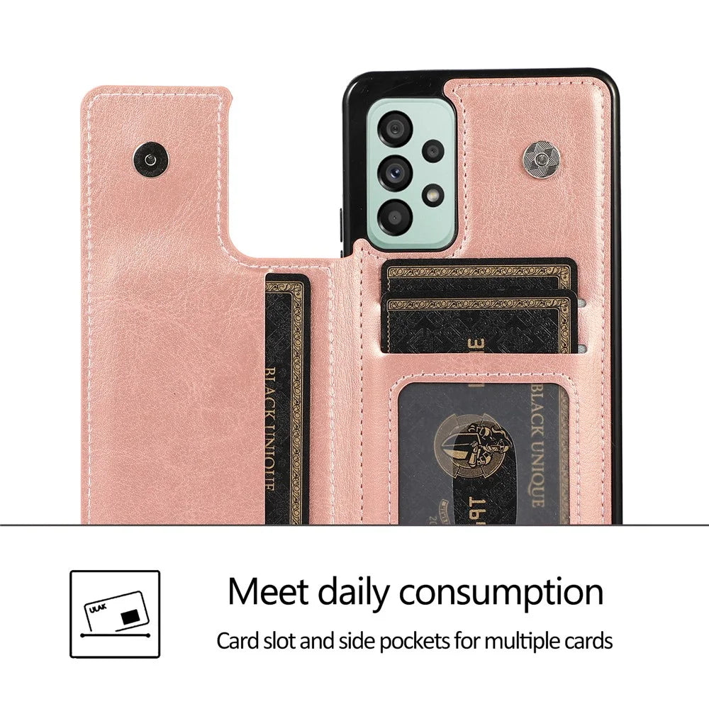 For Samsung Galaxy A33 5G Dual Buttons Kickstand Card Holder Cover PU Leather Coated TPU Phone Case - Rose Gold - 6