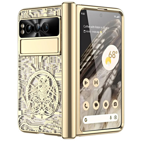 Folding PC Phone Case for Google Pixel Fold , Mechanical Legend Series Electroplating Cover with Tempered Glass Film - Gold - 1