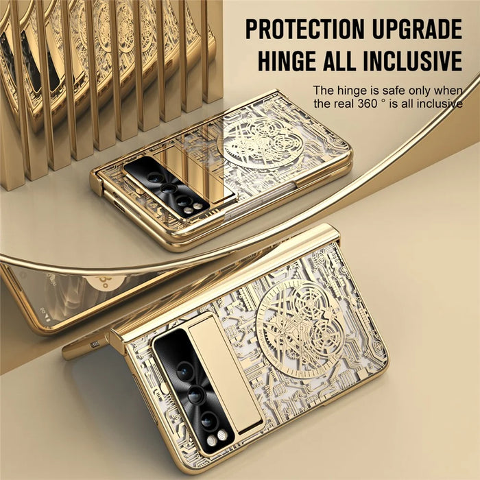 Folding PC Phone Case for Google Pixel Fold , Mechanical Legend Series Electroplating Cover with Tempered Glass Film - Gold - 2