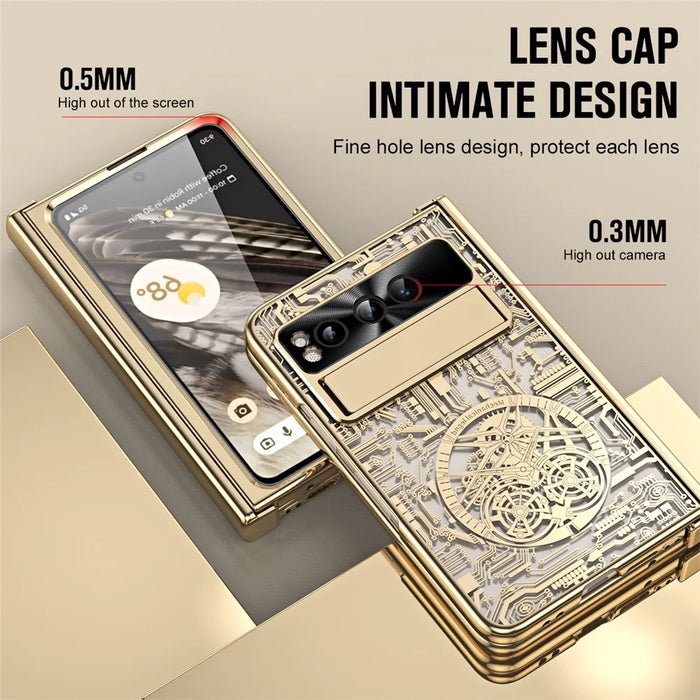 Folding PC Phone Case for Google Pixel Fold , Mechanical Legend Series Electroplating Cover with Tempered Glass Film - Gold - 3