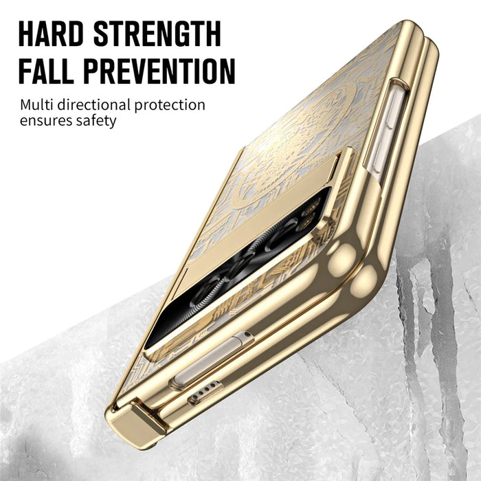 Folding PC Phone Case for Google Pixel Fold , Mechanical Legend Series Electroplating Cover with Tempered Glass Film - Gold - 4