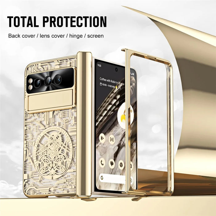 Folding PC Phone Case for Google Pixel Fold , Mechanical Legend Series Electroplating Cover with Tempered Glass Film - Gold - 5