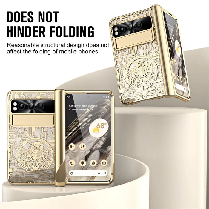 Folding PC Phone Case for Google Pixel Fold , Mechanical Legend Series Electroplating Cover with Tempered Glass Film - Gold - 6