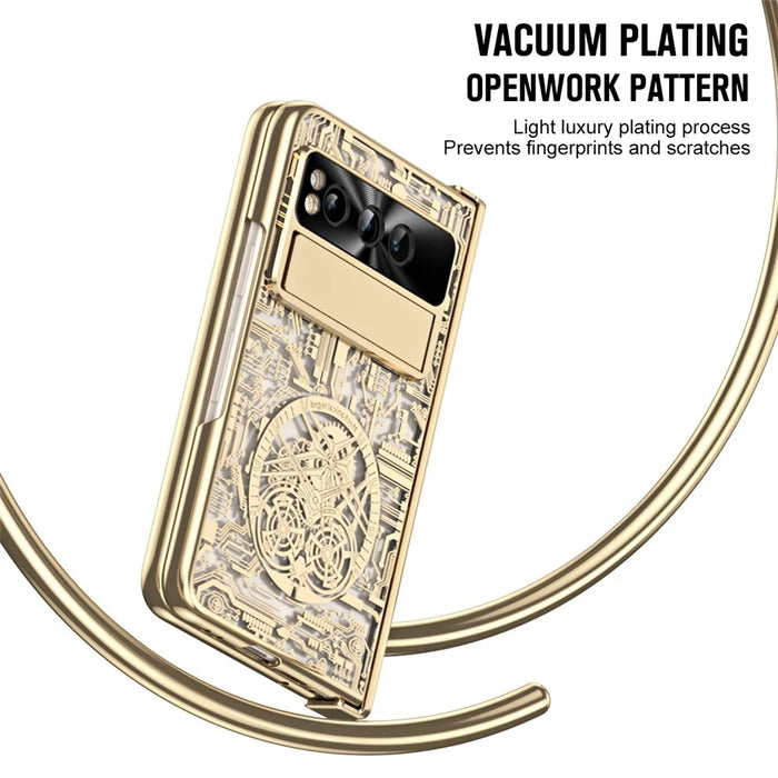 Folding PC Phone Case for Google Pixel Fold , Mechanical Legend Series Electroplating Cover with Tempered Glass Film - Gold - 7