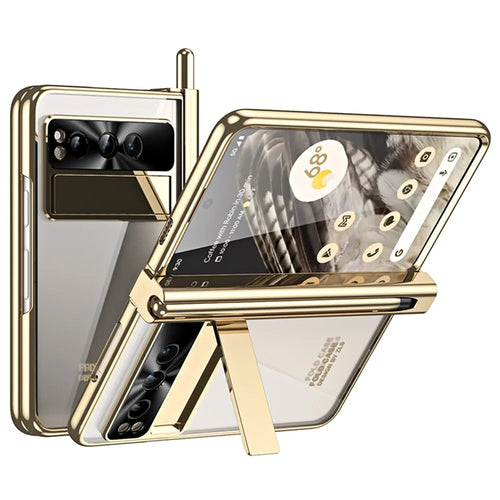 Kickstand Case for Google Pixel Fold , Electroplating PC Phone Cover with Tempered Glass Film and Stylus Pen - Gold - 1
