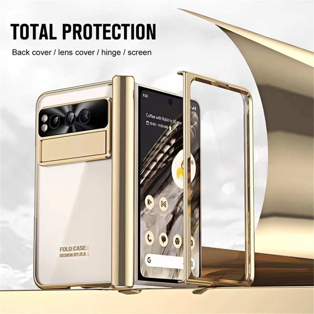 Kickstand Case for Google Pixel Fold , Electroplating PC Phone Cover with Tempered Glass Film and Stylus Pen - Gold - 2
