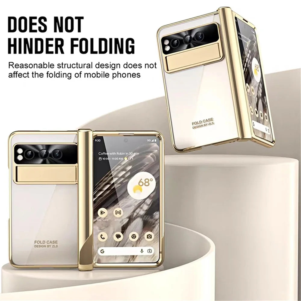 Kickstand Case for Google Pixel Fold , Electroplating PC Phone Cover with Tempered Glass Film and Stylus Pen - Gold - 3