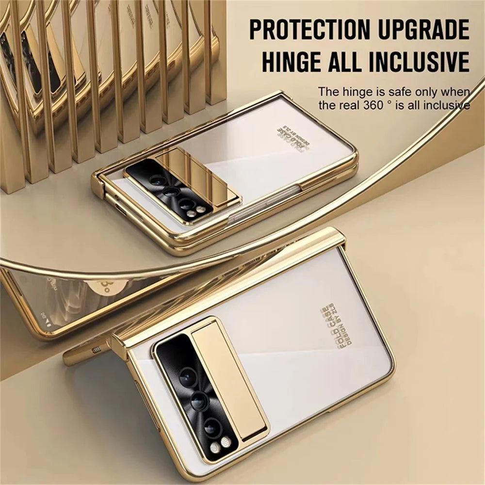 Kickstand Case for Google Pixel Fold , Electroplating PC Phone Cover with Tempered Glass Film and Stylus Pen - Gold - 4
