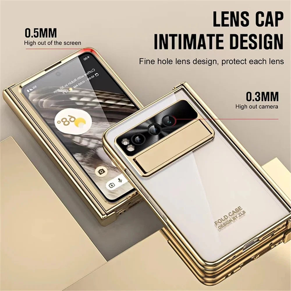 Kickstand Case for Google Pixel Fold , Electroplating PC Phone Cover with Tempered Glass Film and Stylus Pen - Gold - 5