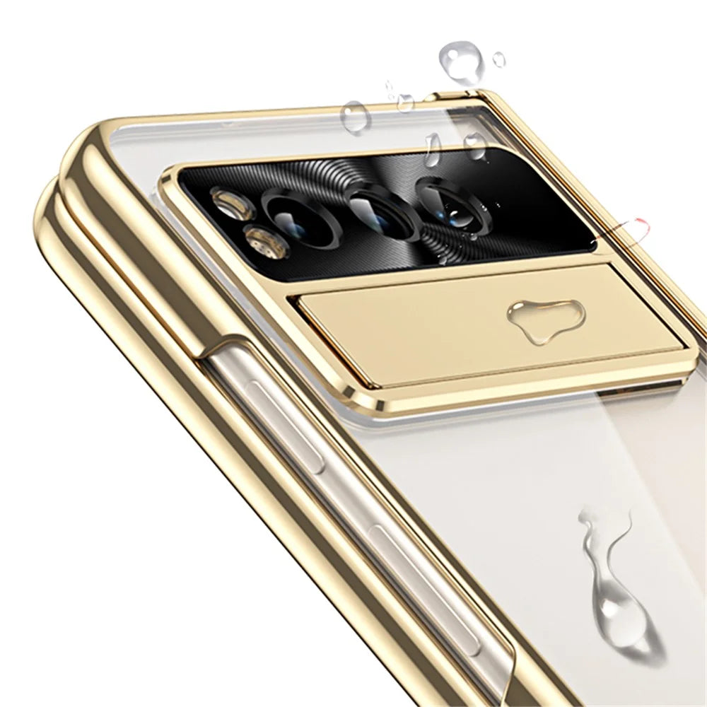 Kickstand Case for Google Pixel Fold , Electroplating PC Phone Cover with Tempered Glass Film and Stylus Pen - Gold - 6