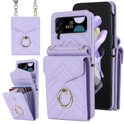 ZD 011 Card Bag Phone Case for Samsung Galaxy Z Flip3 5G, Ring Kickstand RFID Blocking Leather+PC Cover - Purple - 1