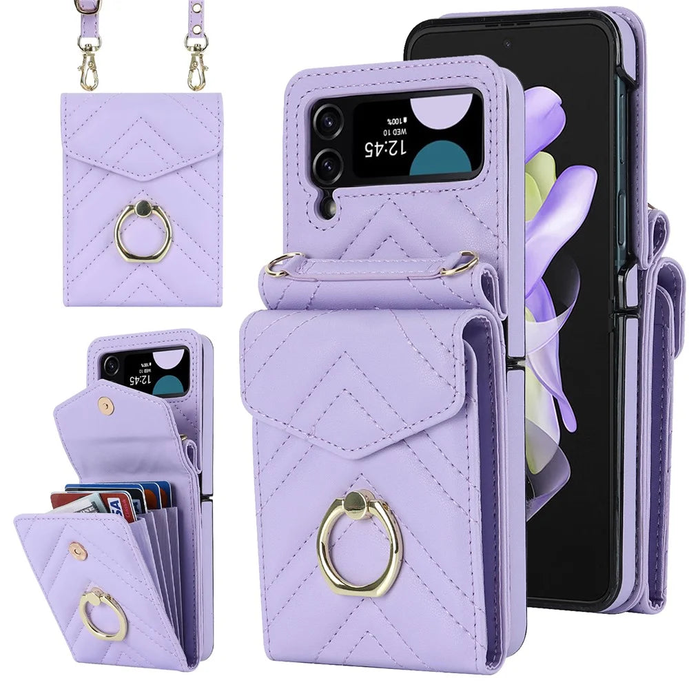 ZD 011 Card Bag Phone Case for Samsung Galaxy Z Flip3 5G, Ring Kickstand RFID Blocking Leather+PC Cover - Purple - 1