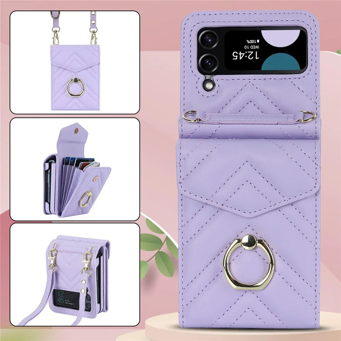 ZD 011 Card Bag Phone Case for Samsung Galaxy Z Flip3 5G, Ring Kickstand RFID Blocking Leather+PC Cover - Purple - 7