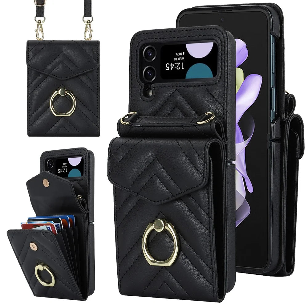 RFID Blocking Phone Case for Samsung Galaxy Z Flip4 5G, Card Holder Leather+PC Cover - Black - 1
