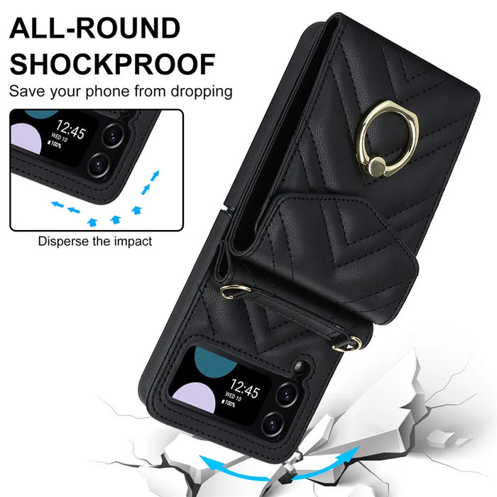 RFID Blocking Phone Case for Samsung Galaxy Z Flip4 5G, Card Holder Leather+PC Cover - Black - 3
