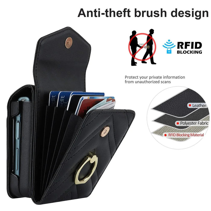 RFID Blocking Phone Case for Samsung Galaxy Z Flip4 5G, Card Holder Leather+PC Cover - Black - 4