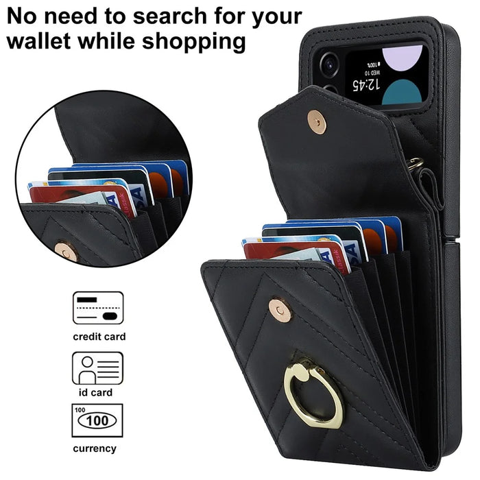 RFID Blocking Phone Case for Samsung Galaxy Z Flip4 5G, Card Holder Leather+PC Cover - Black - 5