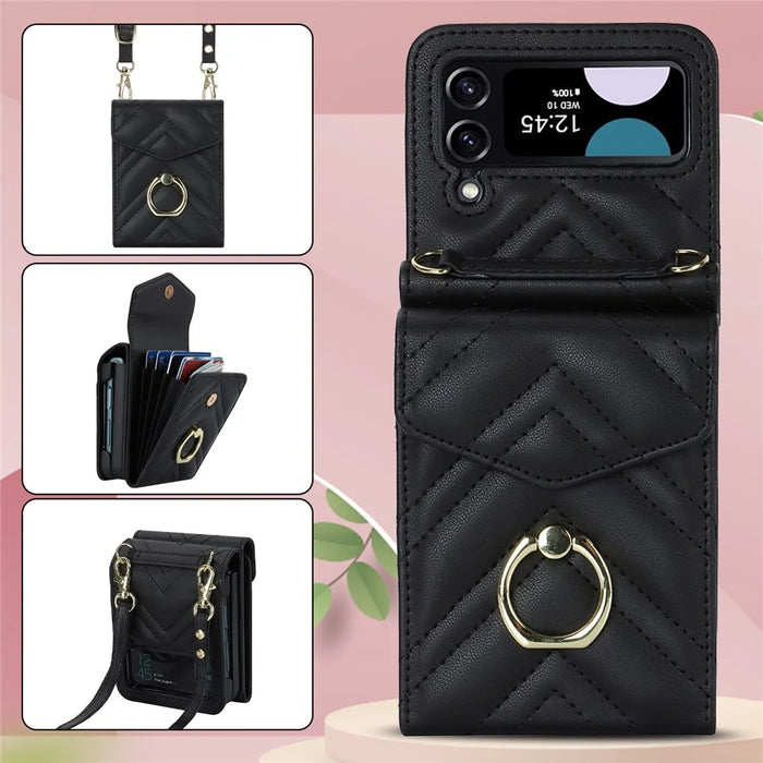 RFID Blocking Phone Case for Samsung Galaxy Z Flip4 5G, Card Holder Leather+PC Cover - Black - 7