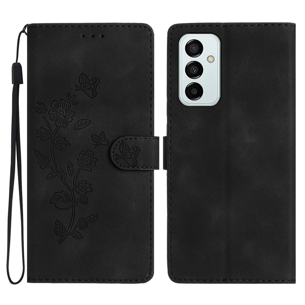 For Samsung Galaxy M52 5G Anti-drop Imprinted Flower Phone Case Wallet Stand Leather Cover - Black - 1