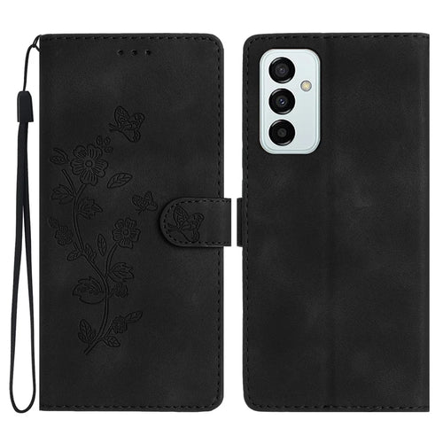 For Samsung Galaxy M52 5G Anti-drop Imprinted Flower Phone Case Wallet Stand Leather Cover - Black - 1
