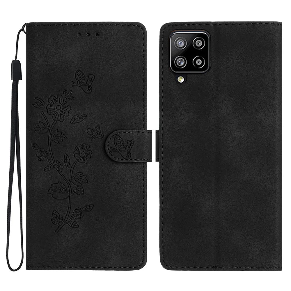 Leather Cellphone Cover for Samsung Galaxy M32 (Global Version) 4G Imprinted Flower Wallet Stand Phone Case - Black - 1