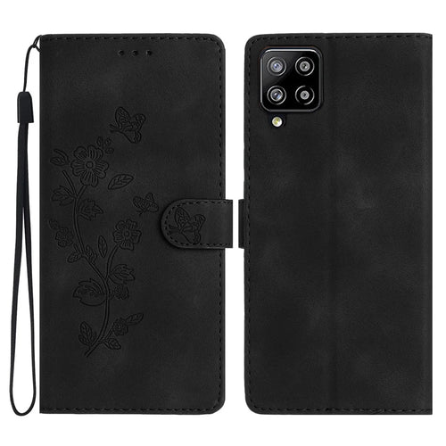 Leather Cellphone Cover for Samsung Galaxy M32 (Global Version) 4G Imprinted Flower Wallet Stand Phone Case - Black - 1