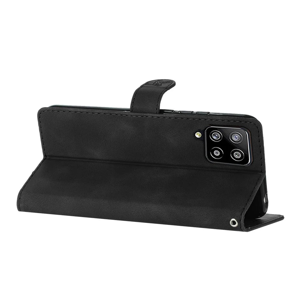 Leather Cellphone Cover for Samsung Galaxy M32 (Global Version) 4G Imprinted Flower Wallet Stand Phone Case - Black - 3