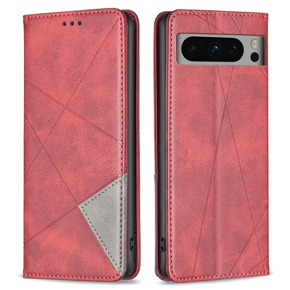 For Google Pixel 8 Pro Imprinted Line Phone Case Stand Leather Card Holder Phone Cover - Red - 1