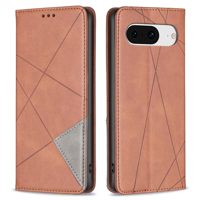 For Google Pixel 8 Stand Card Holder Imprinted Line Phone Case Drop Protection Leather Phone Cover - Brown - 1