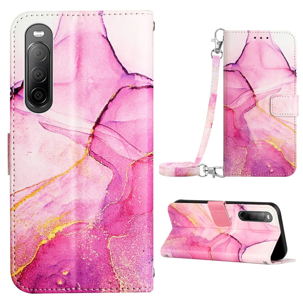 For Sony Xperia 10 V Leather Case with Shoulder Strap Marble Pattern Phone Stand Cover - Pink  /  Purple  /  Gold LS001 - 1
