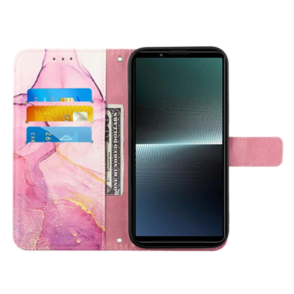 For Sony Xperia 10 V Leather Case with Shoulder Strap Marble Pattern Phone Stand Cover - Pink  /  Purple  /  Gold LS001 - 2