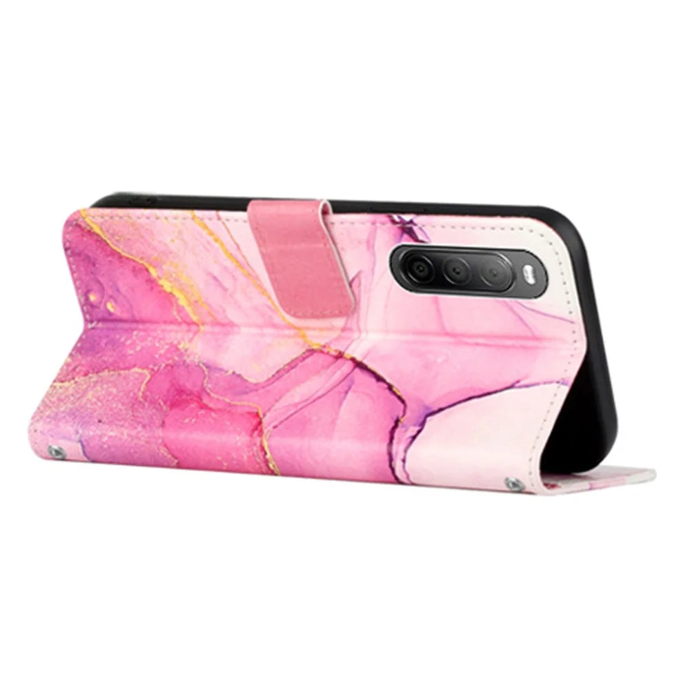For Sony Xperia 10 V Leather Case with Shoulder Strap Marble Pattern Phone Stand Cover - Pink  /  Purple  /  Gold LS001 - 3