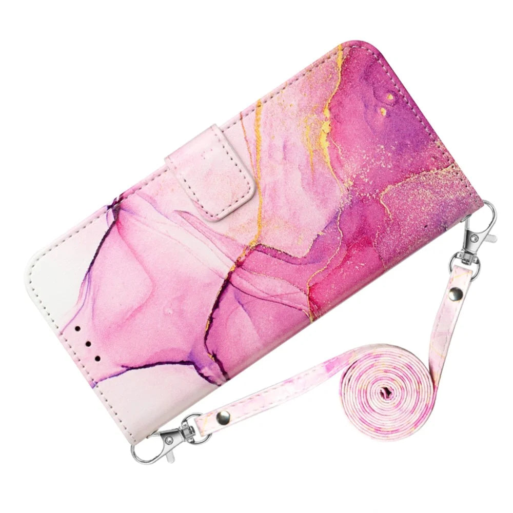 For Sony Xperia 10 V Leather Case with Shoulder Strap Marble Pattern Phone Stand Cover - Pink  /  Purple  /  Gold LS001 - 4