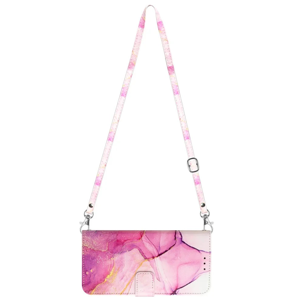 For Sony Xperia 10 V Leather Case with Shoulder Strap Marble Pattern Phone Stand Cover - Pink  /  Purple  /  Gold LS001 - 5
