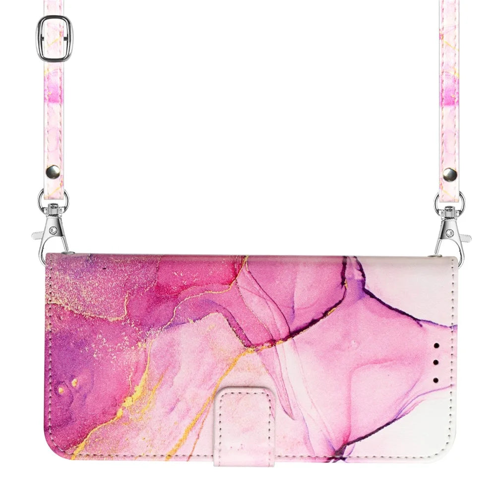 For Sony Xperia 10 V Leather Case with Shoulder Strap Marble Pattern Phone Stand Cover - Pink  /  Purple  /  Gold LS001 - 6
