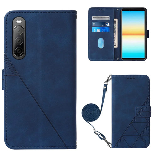For Sony Xperia 10 V Leather Case with Shoulder Strap Wallet Stand Phone Cover - Sapphire - 1