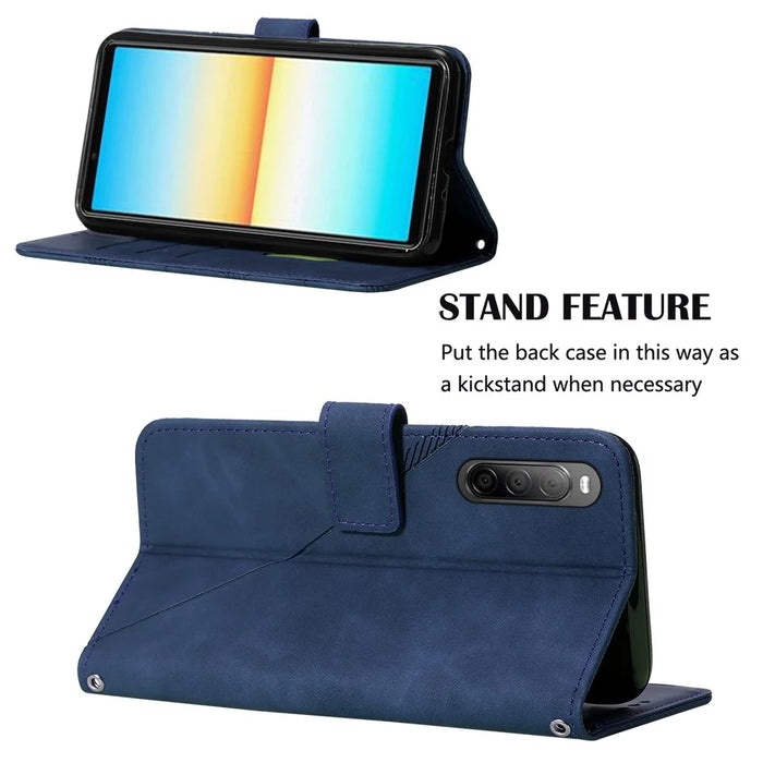 For Sony Xperia 10 V Leather Case with Shoulder Strap Wallet Stand Phone Cover - Sapphire - 3
